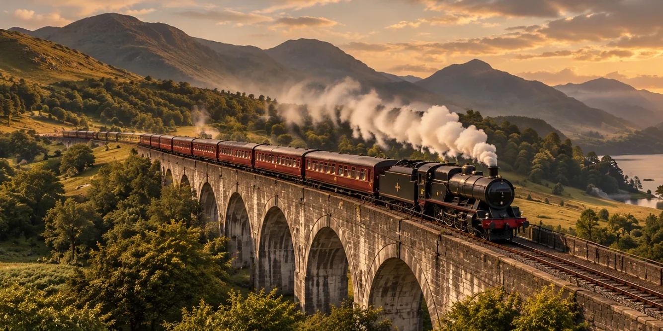 A steam train crossing a stone viaduct in the Highlands at sunset