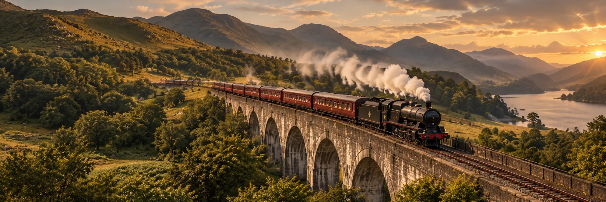 A steam train crossing a stone viaduct in the Highlands at sunset